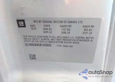 2011 Chevrolet Impala Lt from USA, damaged, VIN 2G1WG5EK6B1202693